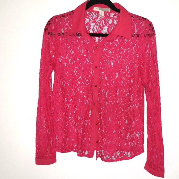 LOVE 21 | Fuchsia Floral Net Long Sleeve Blouse - Picture 2 of 5